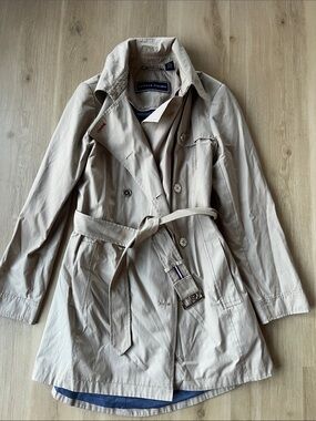 Tommy Hilfiger Khaki Double-Breasted Trench Coat with Belt and removeable hood